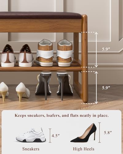 Shoe Rack Bench with Hidden Storage, 2‑Tier Solid Rubberwood Entryway Bench
