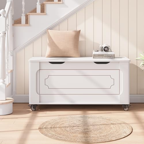 IDEALHOUSE Storage Chest, 39.4" Storage Bench Wooden Storage Trunk, White