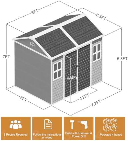 Outdoor Resin Storage Shed 8x6x7 FT with Floor 2 Windows, Reinforced Frame La...
