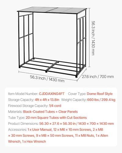 VEVOR Firewood Rack with Sloped Roof, 4 ft Outdoor Firewood Holder, 1/4 Cord ...
