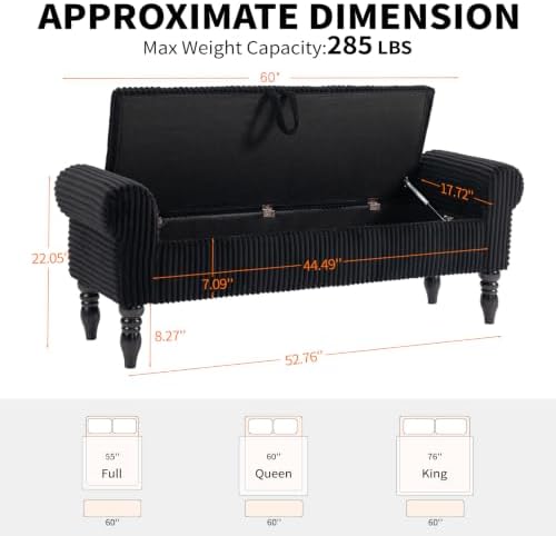 60" Corduroy Storage Bench, Queen End of Bed, Black