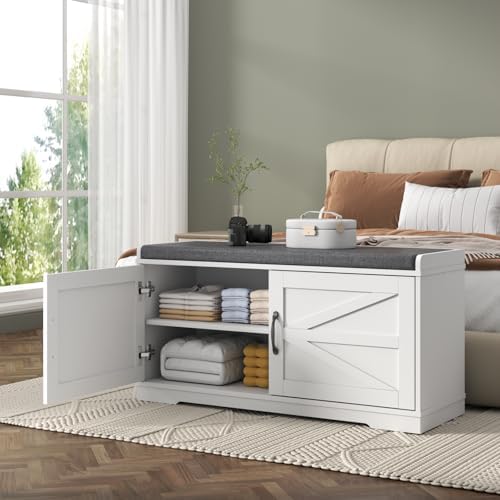 Loomie Shoe Storage Bench, 2-Tier Farmhouse Entryway Bench with Padded Seat C...