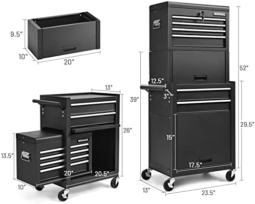 ERGOMASTER Rolling Tool Chest - Removable Top Box Large Bottom Cabinet with C...