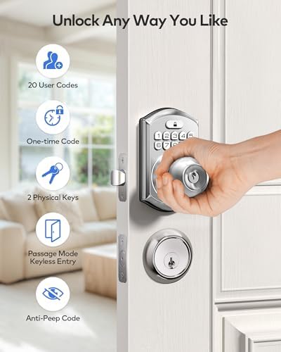 TEEHO TE003 Keypad Door Knob Lock, Keyless Entry Door Handle, Satin Nickel