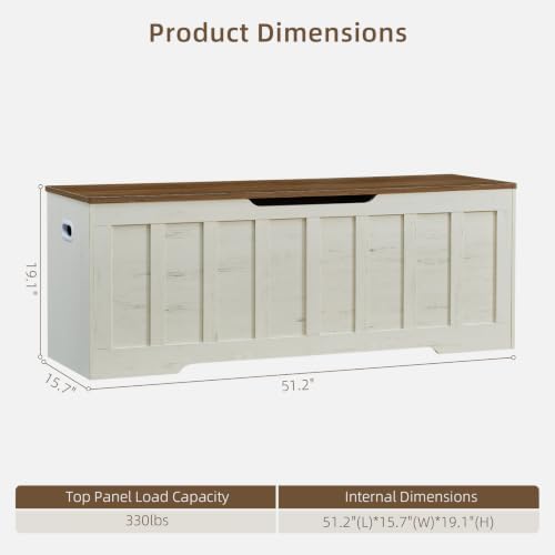 VANKILEY 51.2" Storage Chest Extra Large,Wooden Storage Bench,White+Brown