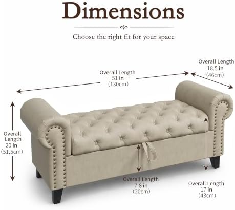 51 Inch Faux Leather Storage Bench with Rolled Arms, Chesterfield Tufted Otto...