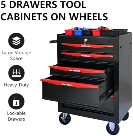 Heavy Duty 5-Drawer Rolling Tool Chest, Key Lock Tool Storage Cabinet with Lo...