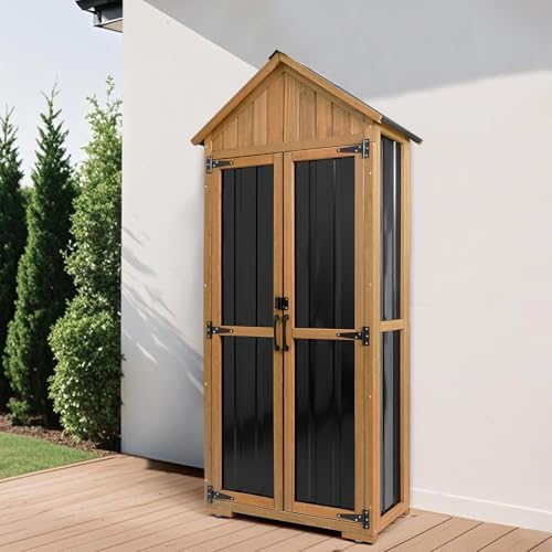 Outdoor Storage Cabinet Waterproof, Outdoor Storage Shed with Shelves, Wood &...