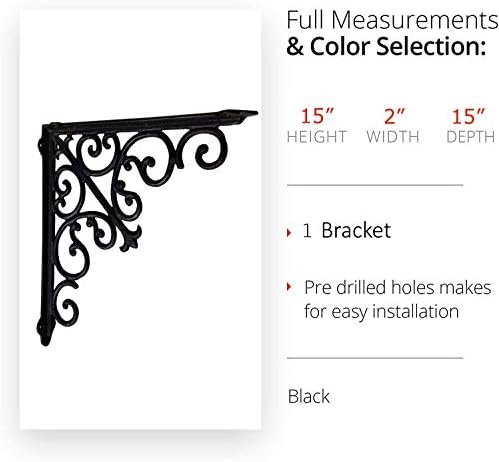 NACH Decorative Shelf Brackets, 1 Pack of 15 x 2 x 15 inch, Black Cast Iron W...