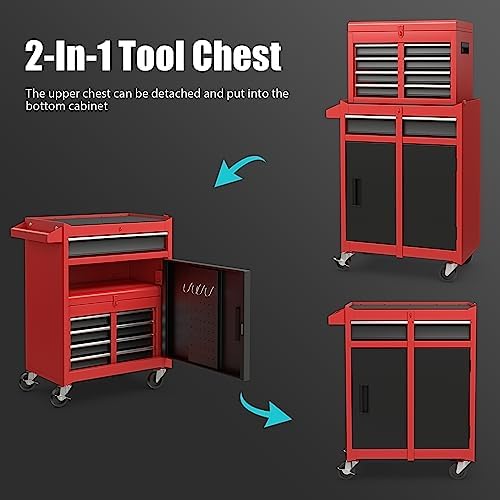 IRONMAX 2-in-1 Detachable Rolling Metal Tool Chest, 5 Drawers, Black & Red