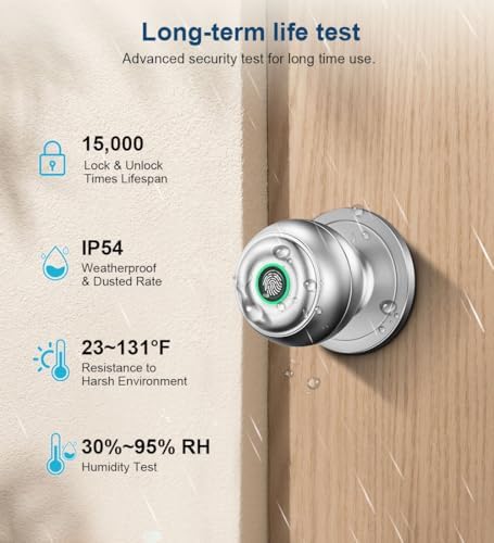 Fingerprint Door Lock, Smart Fingerprint Door Knob with Lock, Silver