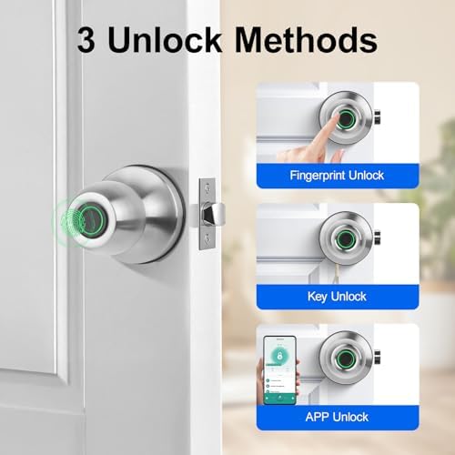 Smart Fingerprint Door Knob, 3-in-1 Keyless Entry with Auto Lock & App, B...