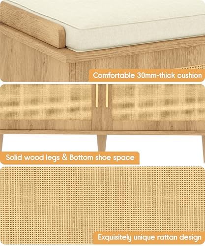 Akxomel 31.5" Rattan Shoe Storage Bench 2 Doors Wooden Entryway Bench Oak