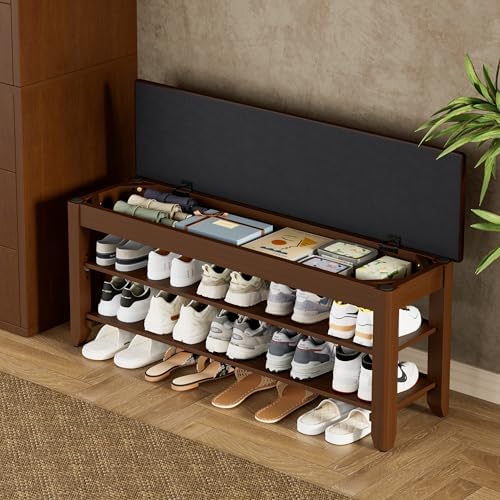 Homleke 39.4" Wide Solid Wood Shoe Rack Bench with Flip-Top Storage