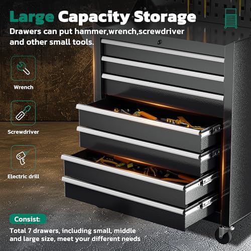 Greenvelly 7-Drawer Tool Chest, Rolling Tool Chest with Hooks and Lockable Wh...