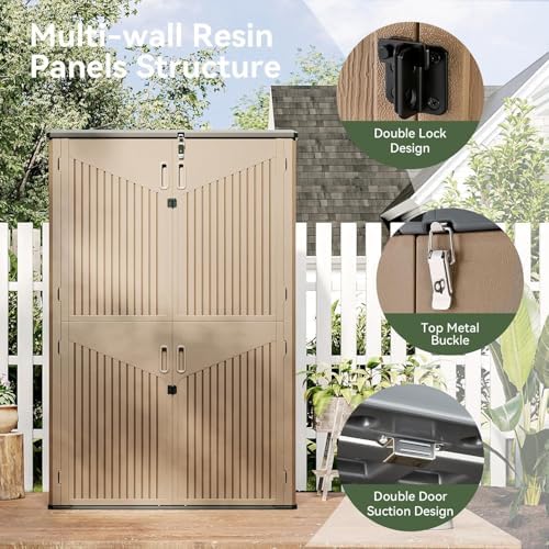 Aoxun Outdoor Storage Shed, 64 Cu.Ft Vertical Storage Sheds, Brown