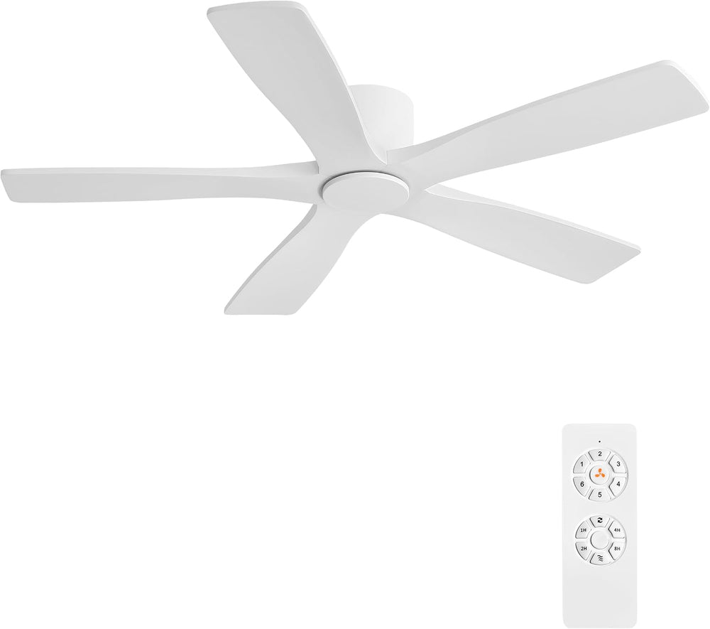 WINGBO 48" Flush Mount DC Ceiling Fans Without Lights, 5 Carved Solid Wood