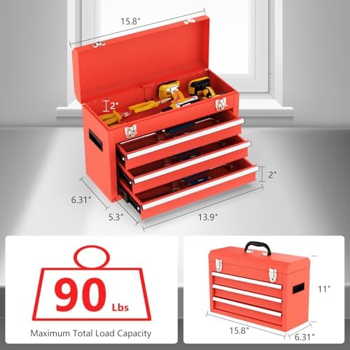 3 Drawer Metal Tool Box, Portable Metal Tool Box with EVC Liners and Latches ...