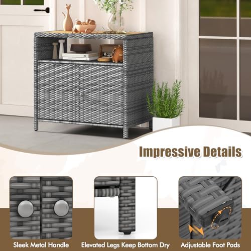 Rattan Storage Cabinet, Outdoor & Indoor Sideboards with Acacia Wood Coun...