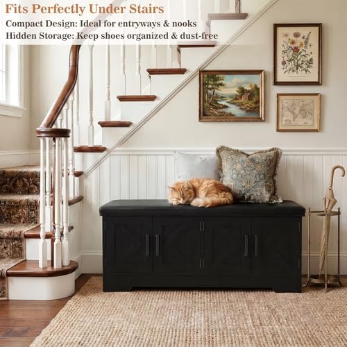 Armocity 43.3" Farmhouse Shoe Storage Bench with Cushion for Entryway