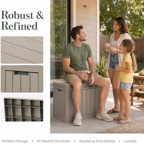 Outdoor Storage Box Resin Deck Box Waterproof Gray Brown 51 Gallon