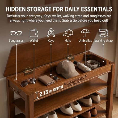 Shoe Rack Bench with Storage 3 Tier Solid Wood Entryway Shoe Rack 31.5"