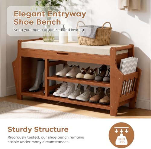 39.4in Shoe Bench with 2 Holder, 3 Tier Bamboo Entryway Bench with Storage