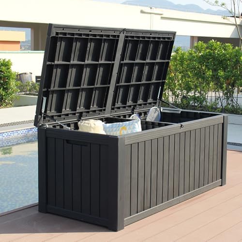 BTEXPERT 150 Gallon Large Resin Deck Box, Outdoor Storage Container with Meta...