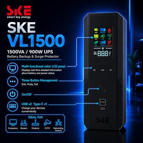 SKE 1500VA/900W Small UPS Battery Backup & Surge Protector
