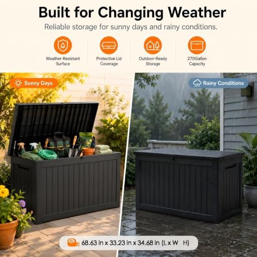 Outdoor Storage Box Resin Deck Box Waterproof Black 270 Gallon