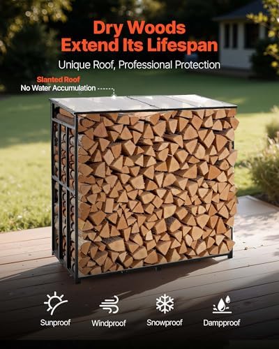 VEVOR Firewood Rack with Sloped Roof, 4 ft Outdoor Firewood Holder, 1/4 Cord ...