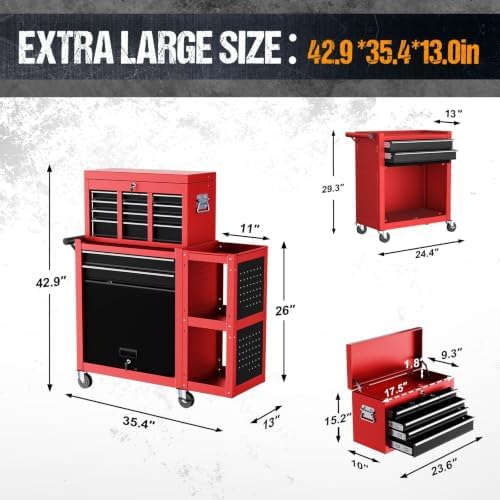 8-Drawer Rolling Tool Chest,3-in-1 Tool Box on Wheels with Lockable Steel Cab...