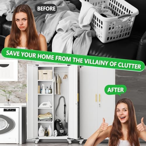 71" Tall Broom Closet Storage Cabinet with Hanging Rod for Cleaning Supp...