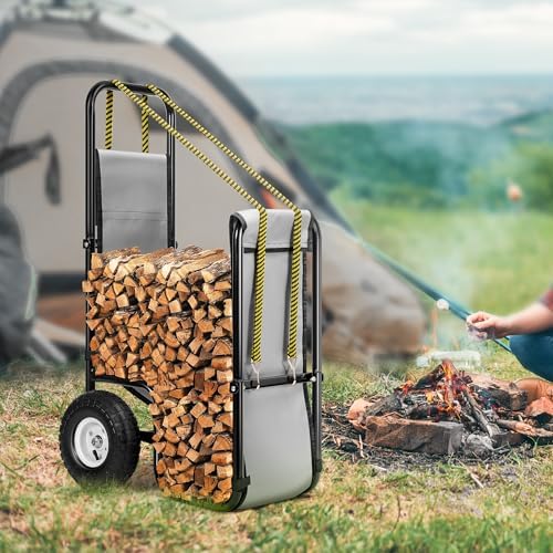 VIVOHOME Firewood Log Cart Carrier with Rubber Wheels Medium Without Cover
