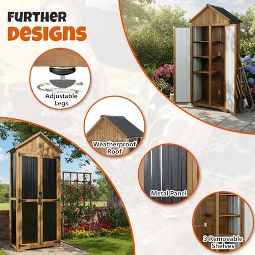 Outdoor Storage Cabinet with Shelves, Wood & Metal Storage Shed with Weat...