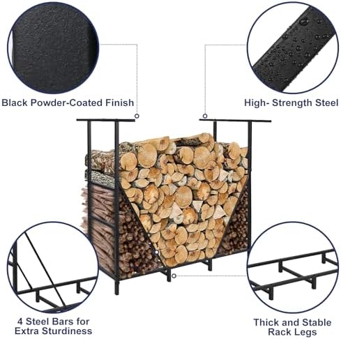 HONEST OUTFITTERS 4ft Firewood Rack Outdoor, Adjustable Heavy Duty Firewood H...