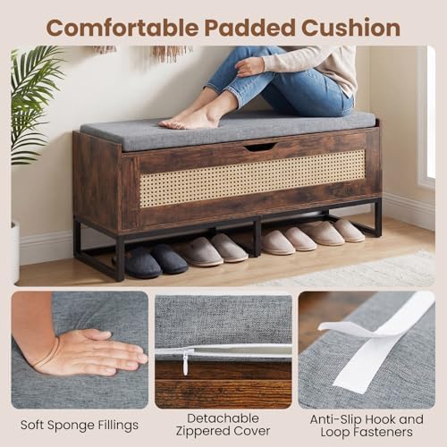 GIANTEX Rattan Shoe Bench, Flip-Top Entryway Bench with Removable Padded Seat...