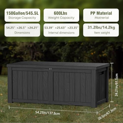 150 Gallon Outdoor Storage Box Waterproof Lockable Resin Deck Box Large, Pati...