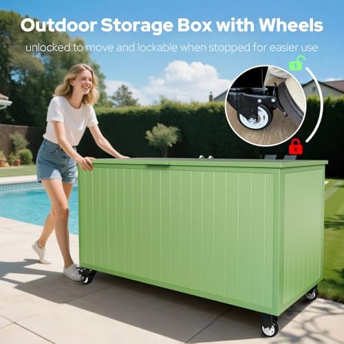 150 Gallon Outdoor Storage Box with Wheels, Metal Deck Boxes,Green