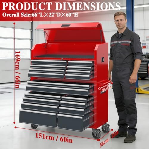 LARBANKE 60'' Rolling Tool Chest Combo, 18-Drawer Heavy Duty Steel To...