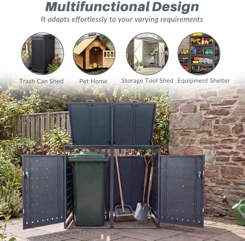 Goplus 44 Cu.Ft Outdoor Trash Can Storage, Garbage Can Hider Outdoor with 2 L...