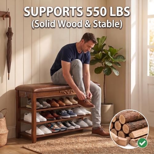 Solid Wood Shoe Rack Bench Entryway Storage with Leather Cushion, 39.4”