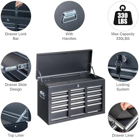 Winado 24" Portable Metal Tool Box, 5 Drawers Lockable Toolbox, Black