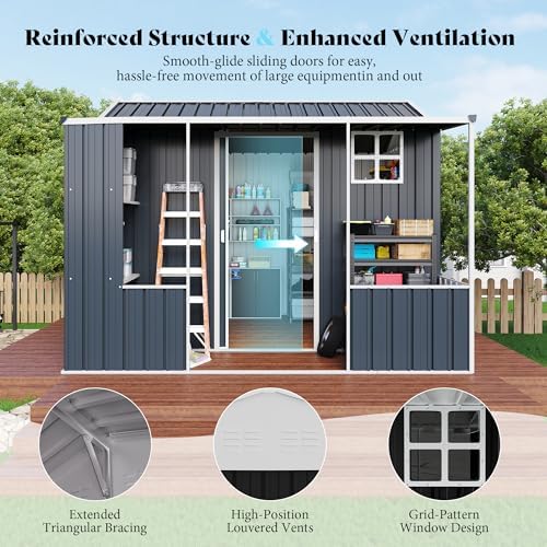 VanAcc 9x9x7 FT Metal Shed with Dual Storage Zone and Work Area