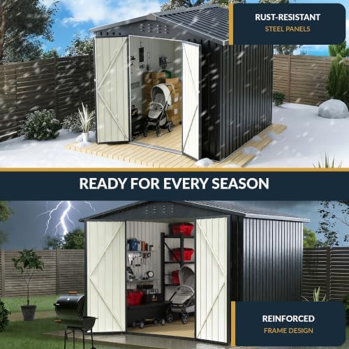 8x8 FT Outdoor Metal Storage Shed with Lockable Doors and Upgraded Frame,Gard...