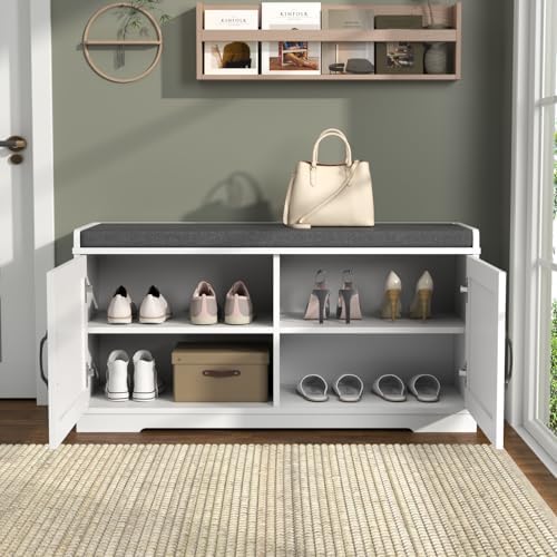 Loomie Shoe Storage Bench, 2-Tier Farmhouse Entryway Bench with Padded Seat C...