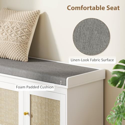 HOMCOM Shoe Bench Storage Rattan Doors 13.8 x 41.3 x 18.5 Inches White