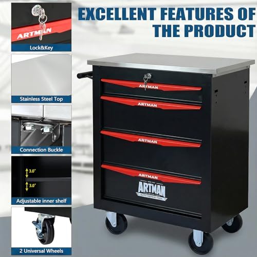 4-Drawer Rolling Tool Chest with Stainless Steel Countertop,Tool Chest with S...