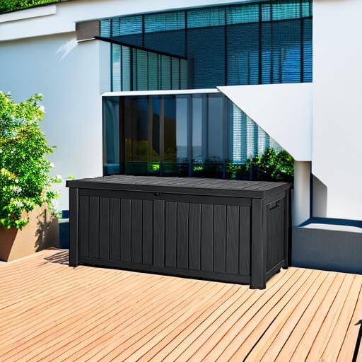 Devoko 120 Gallon Resin Deck Box Waterproof Indoor Outdoor Storage Box Lockab...