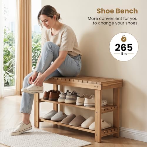 GOFLAME Wooden Shoe Rack Bench, 3-Tier Free Standing Entryway Bench Seat with...